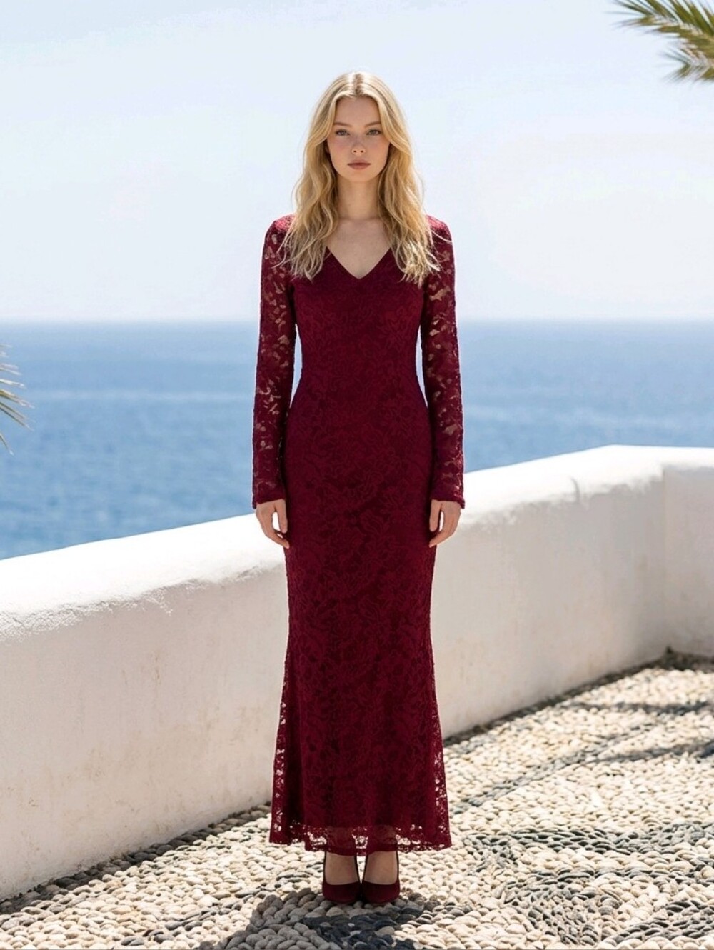 Kali Wine Red Long Sleeve Lace Midi Dress